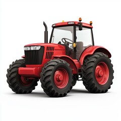 Obraz premium Classic red farm tractor with large rear wheels, isolated on a clean white background