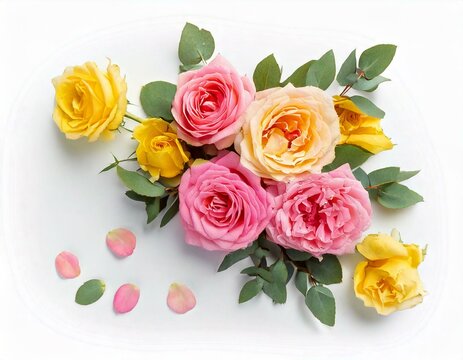 Pink and yellow rose flowers with eucalyptus leaves in a corner