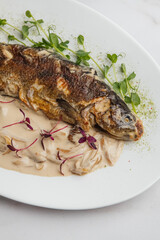 Delicious grilled fish served on a white plate with creamy sauce, lemon slice, microgreens, and red sprouts, creating an appetizing culinary presentation. Restaurant or cafe menu, cookbook recipe