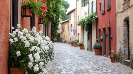 Fototapeta premium Charming Cobblestone Alley: A picturesque cobblestone alleyway winds through a charming Italian village, lined with colorful buildings and overflowing flower pots.