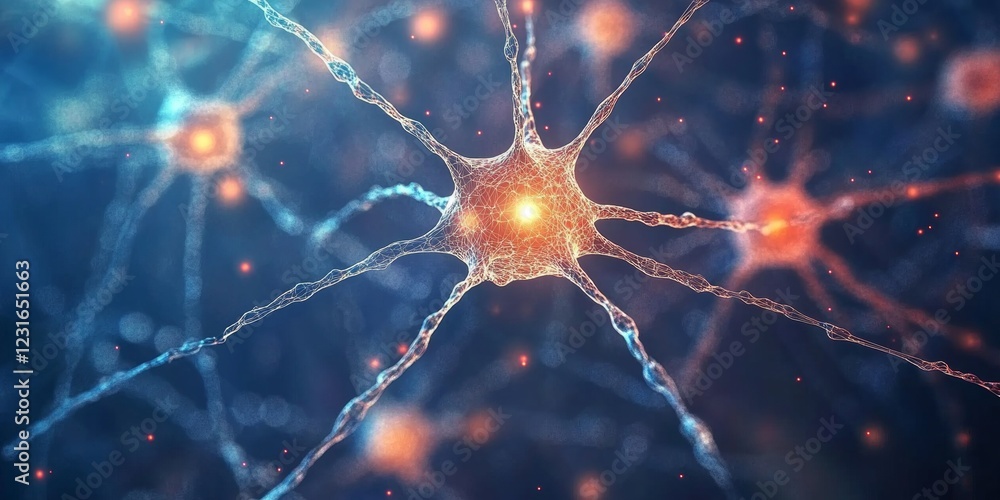 Poster glowing neural network interconnected nodes and synapses creating a network within the brain