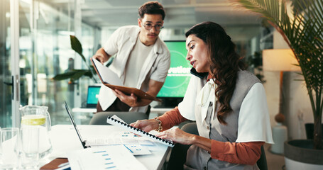Business, phone call and woman with man, documents and conversation with deadline. Consultant,...
