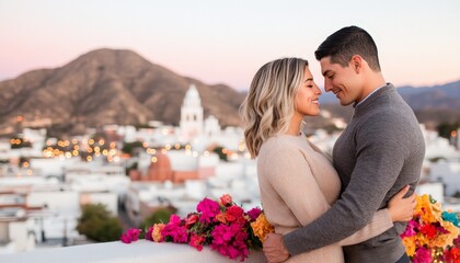 Naklejka premium Romantic couple embracing with scenic mountains and city lights in the background