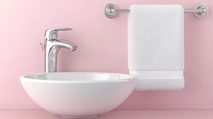 Fototapeta premium Pink Minimalist Bathroom Chrome Faucet, White Sink, Towel, 3D Render, Bathroom Design Bathroom Design, 3D Rendering