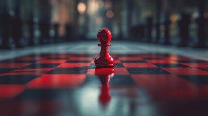 Strategic move of a red pawn on a chessboard in a dimly lit environment symbolizing progress