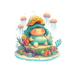 Fototapeta premium Adorable Sea Creature Girl Sitting on Coral Reef Surrounded by Jellyfish