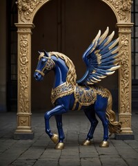 Fototapeta premium A royal vintage coat of arms featuring a majestic blue and golden horse with intricately detailed wings. This emblem symbolizes strength, nobility, and heritage, embodying timeless elegance and power