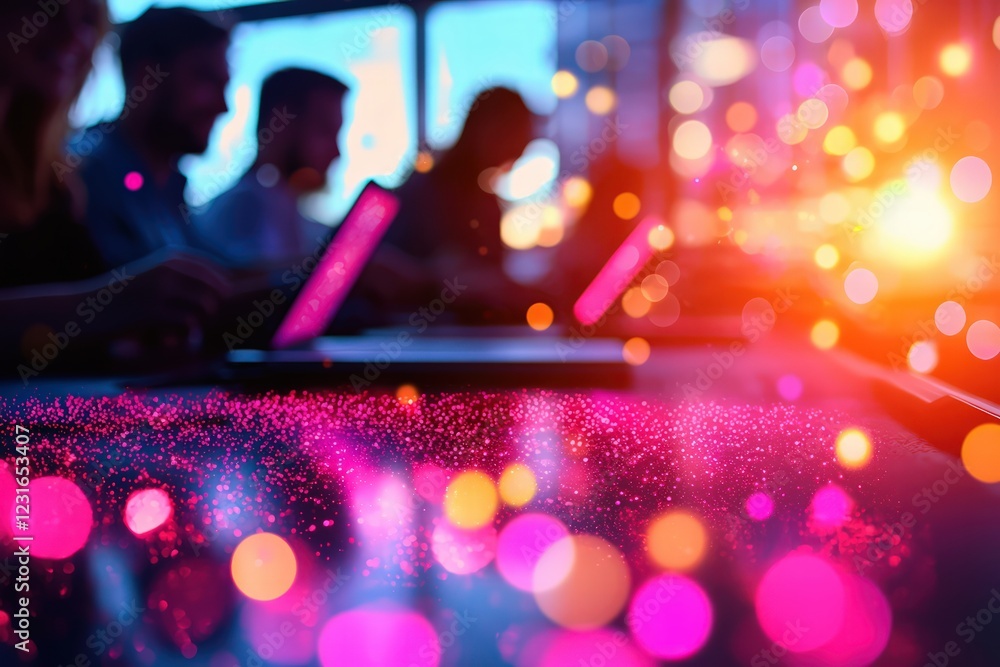 Poster silhouette of business team collaborating at laptops with colorful bokeh effects in modern workspace