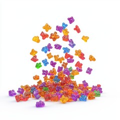 Colorful gummy bears in a playful scattered arrangement, placed on a bright white background