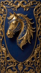 A royal vintage coat of arms featuring a majestic blue and golden horse with intricately detailed wings. This emblem symbolizes strength, nobility, and heritage, embodying timeless elegance and power