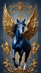 A royal vintage coat of arms featuring a majestic blue and golden horse with intricately detailed wings. This emblem symbolizes strength, nobility, and heritage, embodying timeless elegance and power
