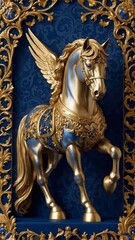 A royal vintage coat of arms featuring a majestic blue and golden horse with intricately detailed wings. This emblem symbolizes strength, nobility, and heritage, embodying timeless elegance and power