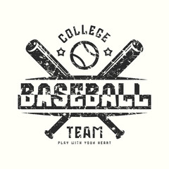 Baseball college team emblem with rough texture. Graphic design for t-shirt. Black print on white background