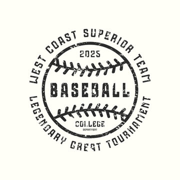 Baseball tournament round graphic emblem with rough texture. Thin line style design for t-shirt. Black print on white background