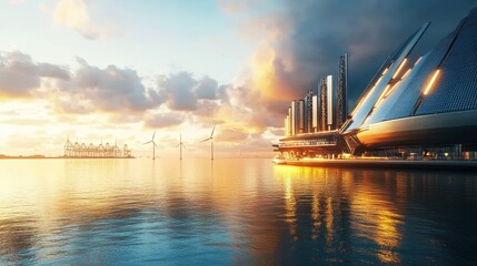 Naklejka premium Sunset Metropolis Coastal Cityscape with Wind Turbines and Solar Panels, Digital Painting, Futuristic Architecture, Renewable Energy Sustainable City, Ocean City
