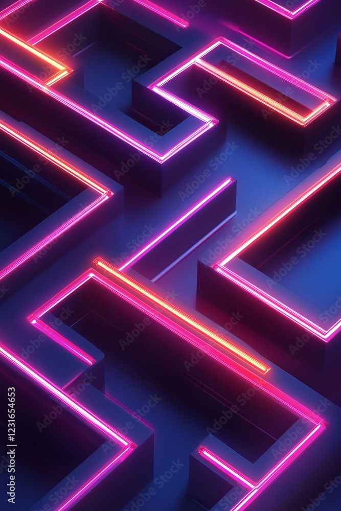 Poster futuristic neon maze with glowing pink and blue lights creating a modern abstract geometric pattern 