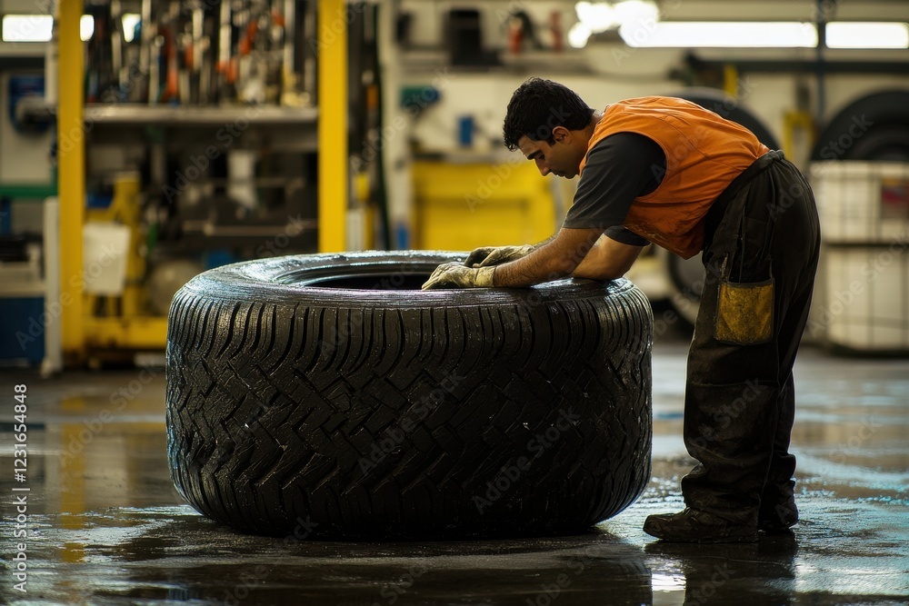 Poster detailed cleaning of tyre in a warm ambient factory setting with tools and organized workspace highl