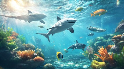Fototapeta premium Underwater Sharkscape Digital Painting of Sharks and Coral Reef, Digital Art, Ocean Wildlife Shark, Coral Reef