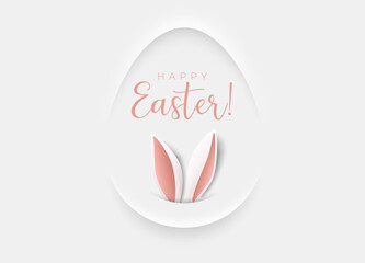 Minimalism paper cut egg shape frame Happy Easter greeting card abstract banner. Bunny ears, white background, Happy Easter pink lettering. Neumorphic shadow volume creative white design