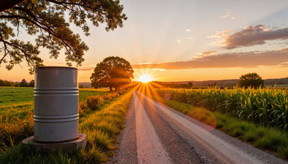 Natural rain barrel beside countryside road at sunset, rural tranquility