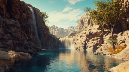 A breathtaking view of a waterfall flowing into a tranquil pool, framed by rugged cliffs and vibrant trees, under a bright, clear sky.