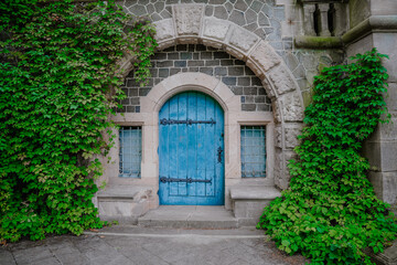 Beautiful blue door in the stone wall with an arch on the sides grows green curly green on the wall up. High quality photo