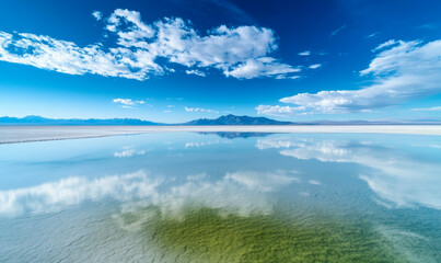 Obraz premium A tranquil lake scene, the surface of the lake is as calm as a mirror, reflecting the blue sky and white clouds and the rolling snow-capped mountains in the distance. The lake water is crystal clear, 