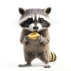 Obraz premium Curious raccoon holding a piece of food, centered on a clean white background