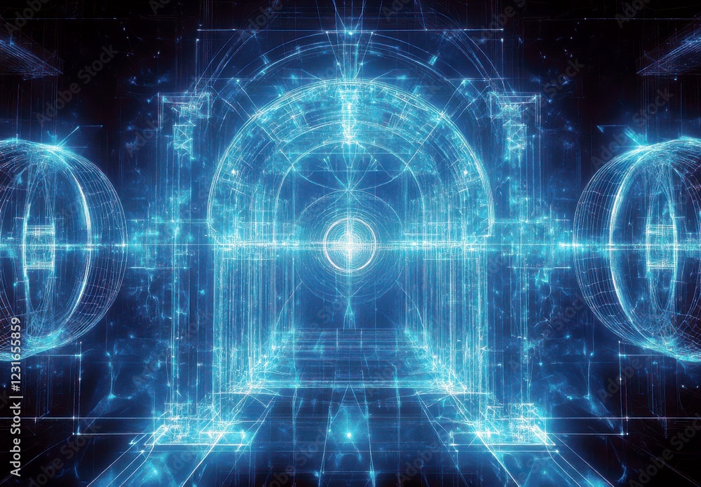 Poster futuristic digital gateway with glowing lines and geometric shapes in an abstract blue environment