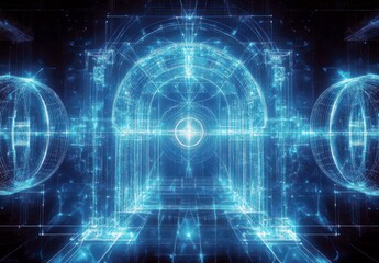 Naklejka premium Futuristic Digital Gateway with Glowing Lines and Geometric Shapes in an Abstract Blue Environment