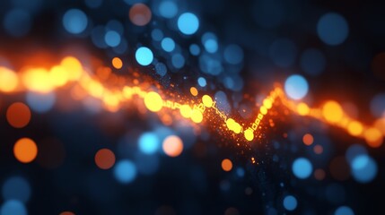 Abstract Neon Orange Data Stream or Line Graph Trending with Blurry Blue Particles in Background