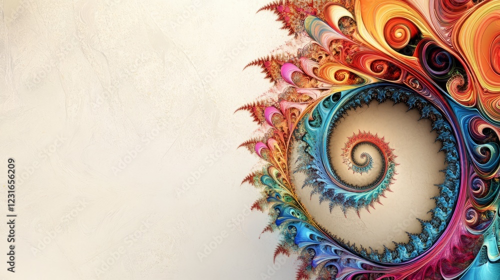 Poster colorful abstract fractal spiral with intricate patterns on a light background, perfect for creative