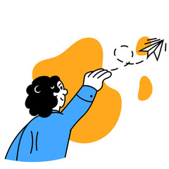 Visionary Actions. Businessman releasing paper plane, symbolizing ambition and proactive steps toward achieving business goals. Concept of business model, strategy, success