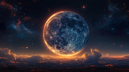 Fototapeta premium serene night sky featuring a large glowing crescent moon and a bright star symbolizing EidalAdha with HDR Imaging HD 8K wallpaper Photographic Image