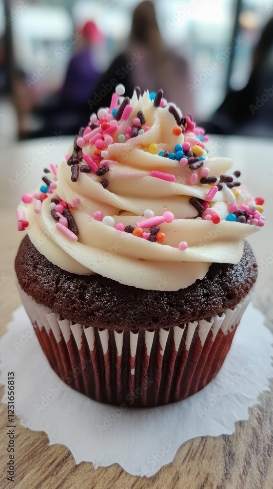 Poster this delightful chocolate cupcake features a rich, creamy frosting topped with an array of colorful 