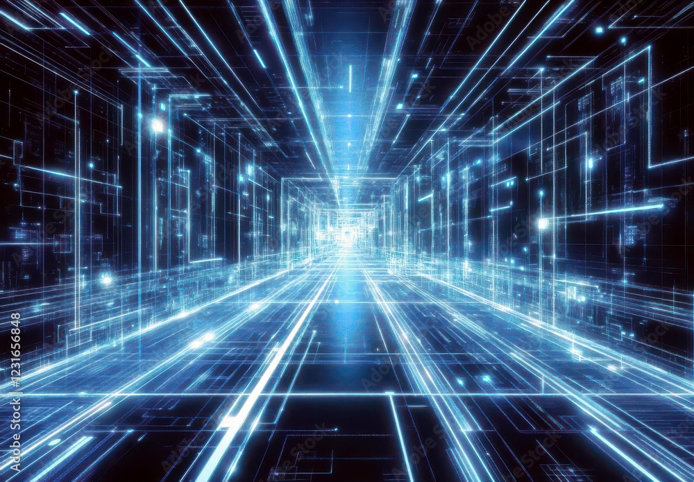 Fototapete futuristic abstract digital space with bright lines and glowing grids creating movement and depth in