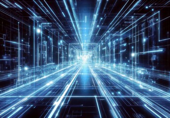 Futuristic Abstract Digital Space with Bright Lines and Glowing Grids Creating Movement and Depth in a Tech-Driven Environment