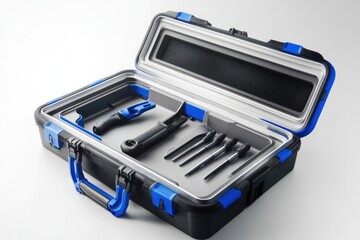 Open black tool case with blue accents and tools inside, on white background. Use for product catalog