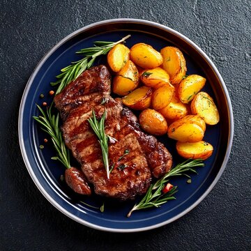 Delicious grilled beef steak with potatoes and rosemary