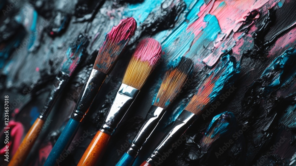 Poster a group of paintbrushes are on a table. the brushes are of different sizes and colors