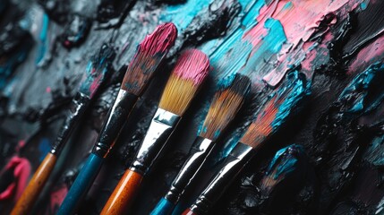 Obraz premium A group of paintbrushes are on a table. The brushes are of different sizes and colors