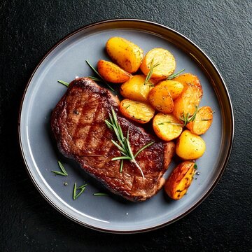 Delicious grilled beef steak with potatoes and rosemary
