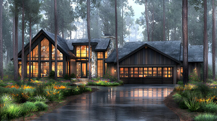 Modern forest home, night lighting, driveway, trees. Architecture visualization