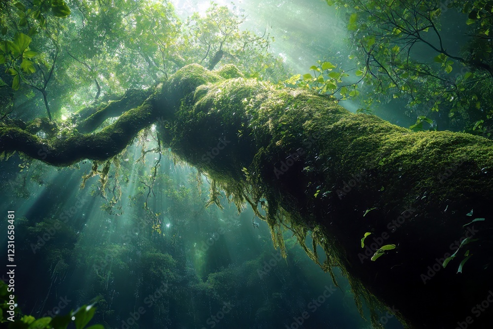 Poster majestic view of ancient tree soaring towards the sky with sun rays filtering through the lush green