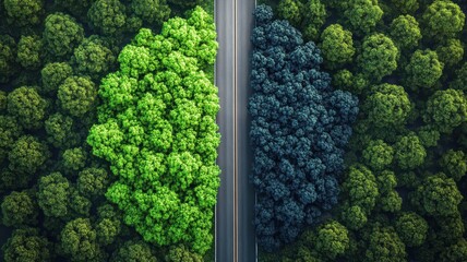 Highway dividing forest landscape symbolizing human impact on nature aerial view environmental concept