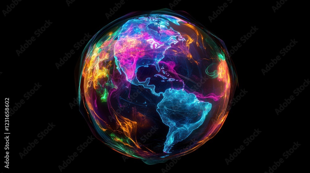 Poster abstract image of earth globe with colorful lights, artistic rendition for graphic design projects