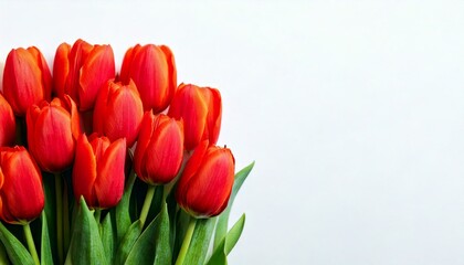Fototapeta premium red tulips on white background. beautiful spring flower composition. 