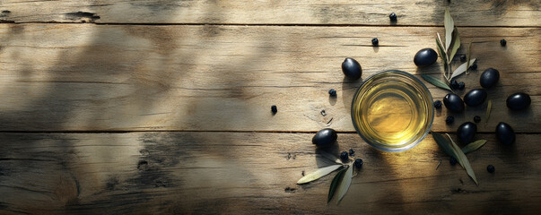 Fresh olive oil in glass surrounded by olives and leaves on wooden table, creating rustic and natural ambiance. Perfect for culinary and health related themes