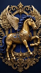 Fototapeta premium A royal vintage coat of arms featuring a majestic blue and golden horse with intricately detailed wings. This regal emblem symbolizes strength, nobility, and heritage, embodying timeless elegance .