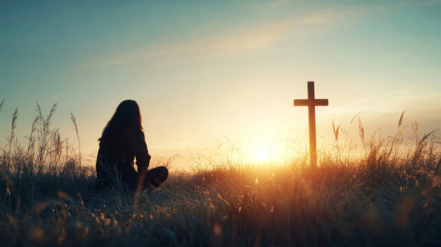 Silhouette of a woman kneeling in prayer by a wooden cross at sunset in a serene grassy field